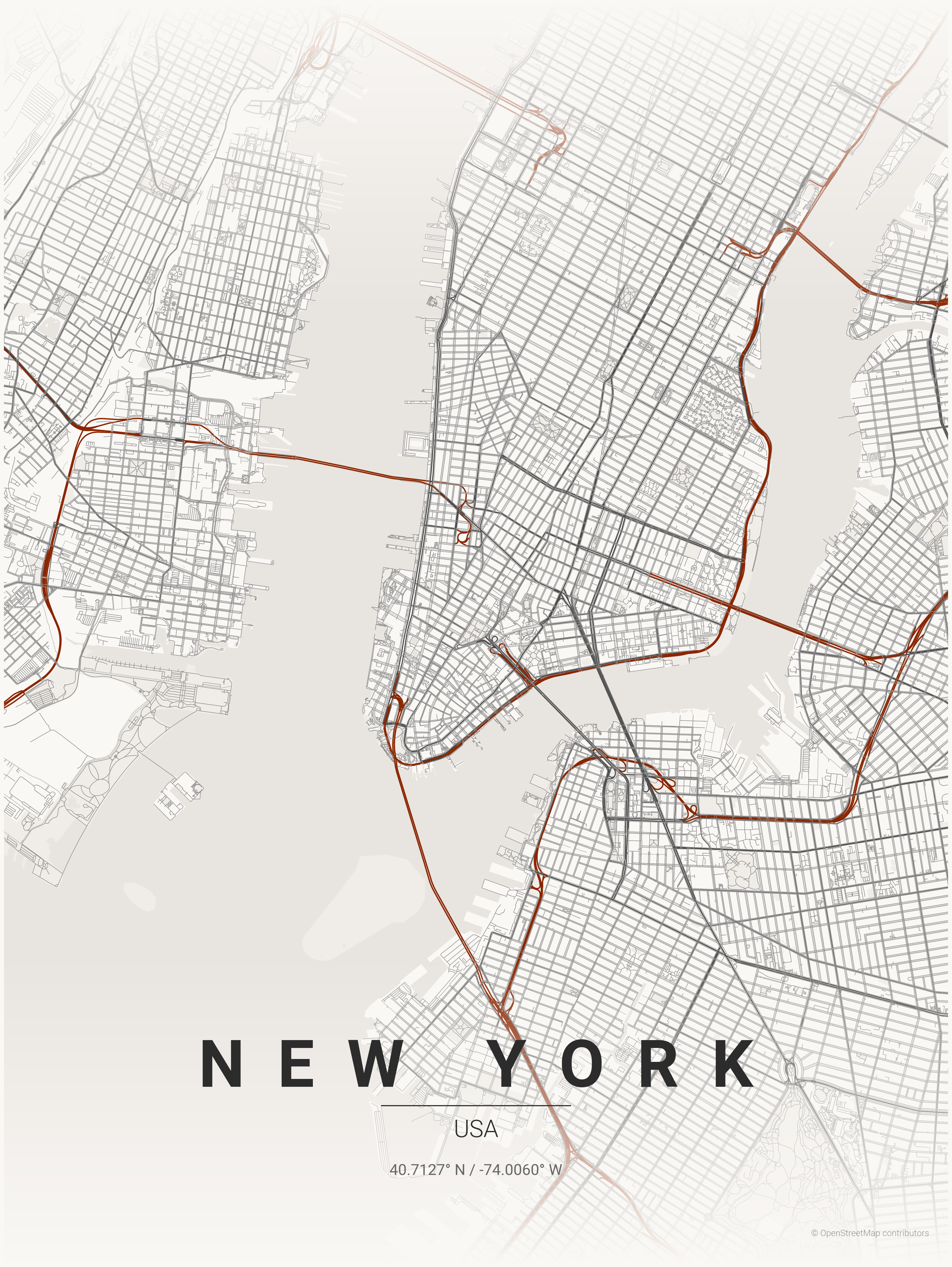 New York map in Japanese Ink theme